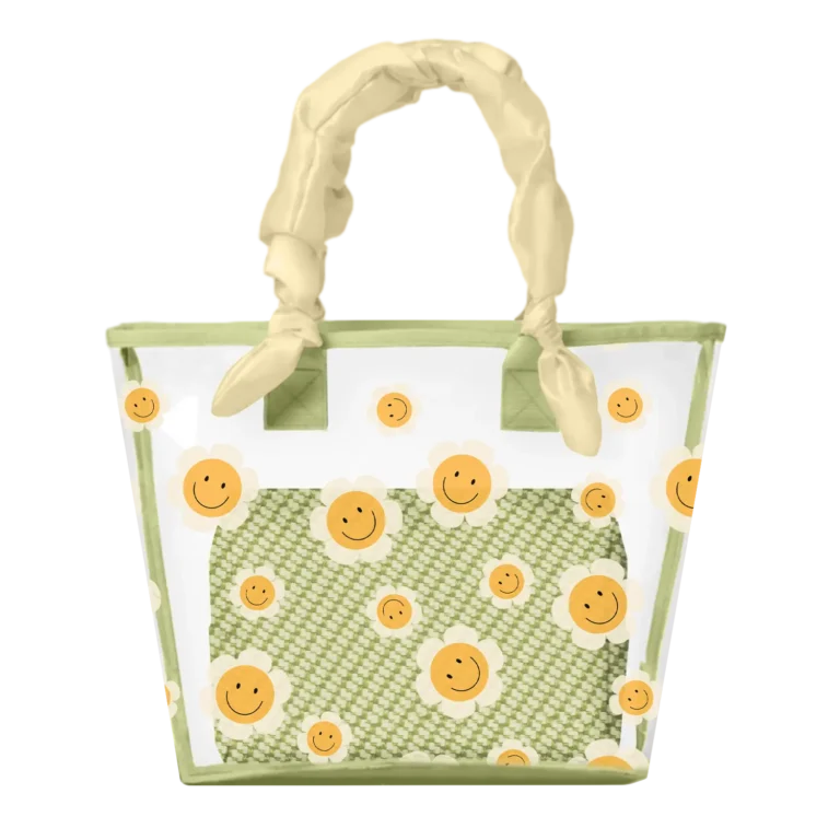 Smiley Clear PVC Tote Bag Set / Quilted Makeup Pouch Travel Organizer