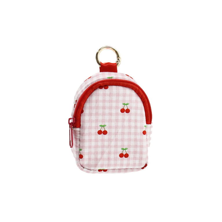 Cherry Picnic Mini Key Pouch / Cute Plaid Keychain Coin Purse with Red Trim