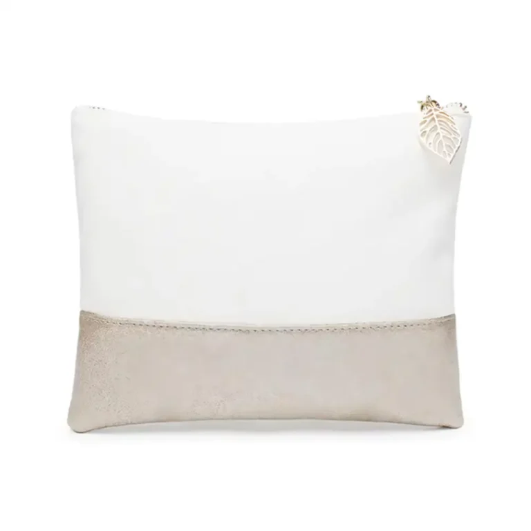 Nordic SoftPatch Beauty Pouch / Two-Tone Fabric Cosmetic Organizer with Leaf Charm