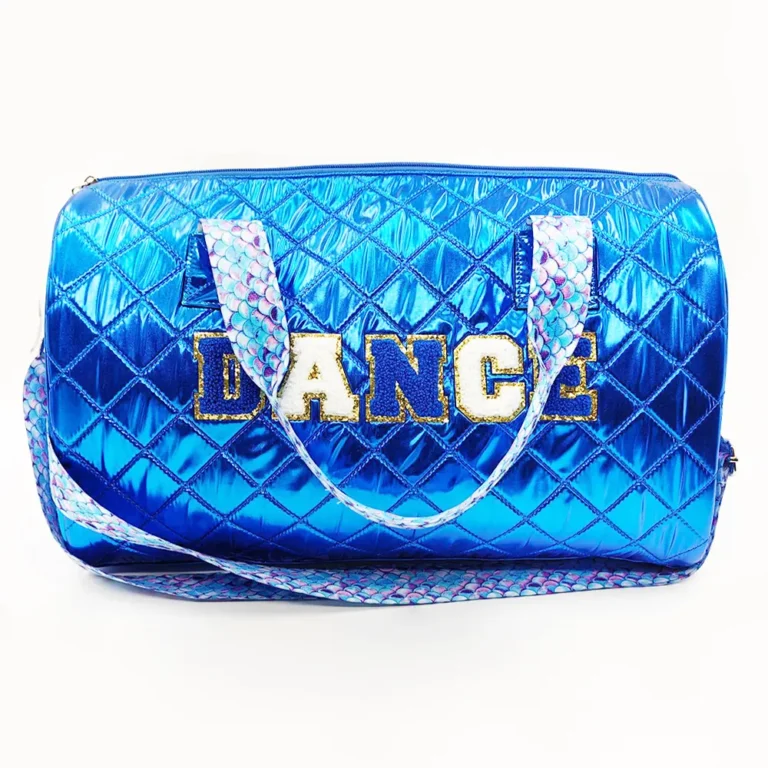 Electric Blue DanceGlow Duffel / Metallic Quilted Kids Dance Bag with Embroidered Logo