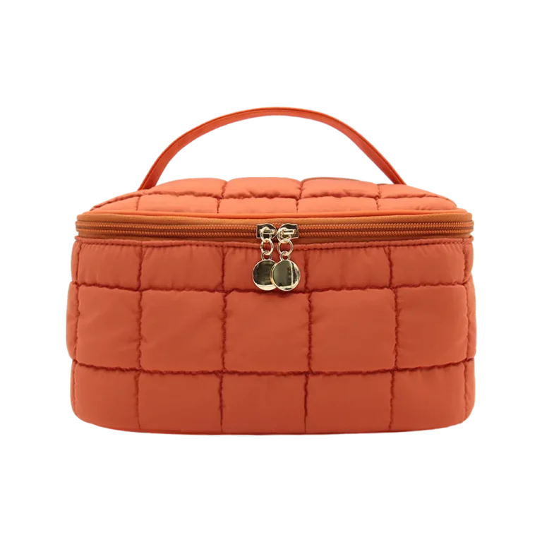 Tangerine QuiltPod Vanity Case / Padded Orange Cosmetic Organizer with Handle