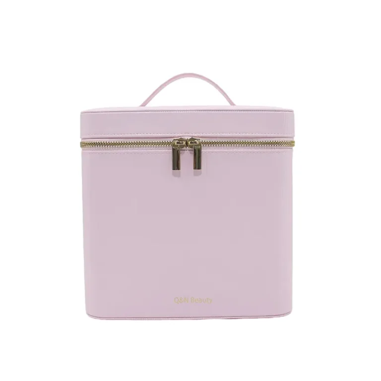 Blush Boxy Vanity Case / Structured Pink Travel Cosmetic Organizer with Top Handle
