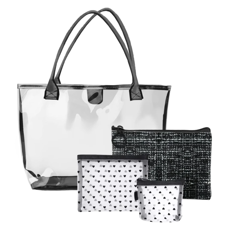 Monochrome Clear Tote Beauty Set / 4-Piece Transparent Travel Cosmetic Organizer with Printed Pouches
