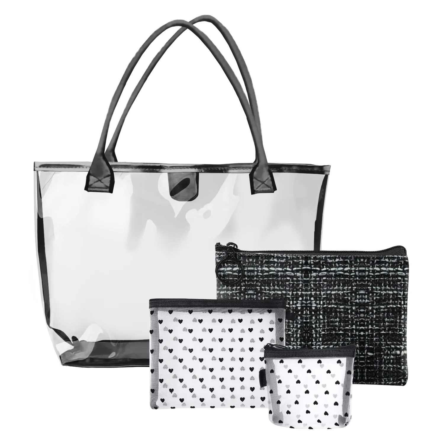 Monochrome Clear Tote Beauty Set / 4-Piece Transparent Travel Cosmetic Organizer with Printed Pouches