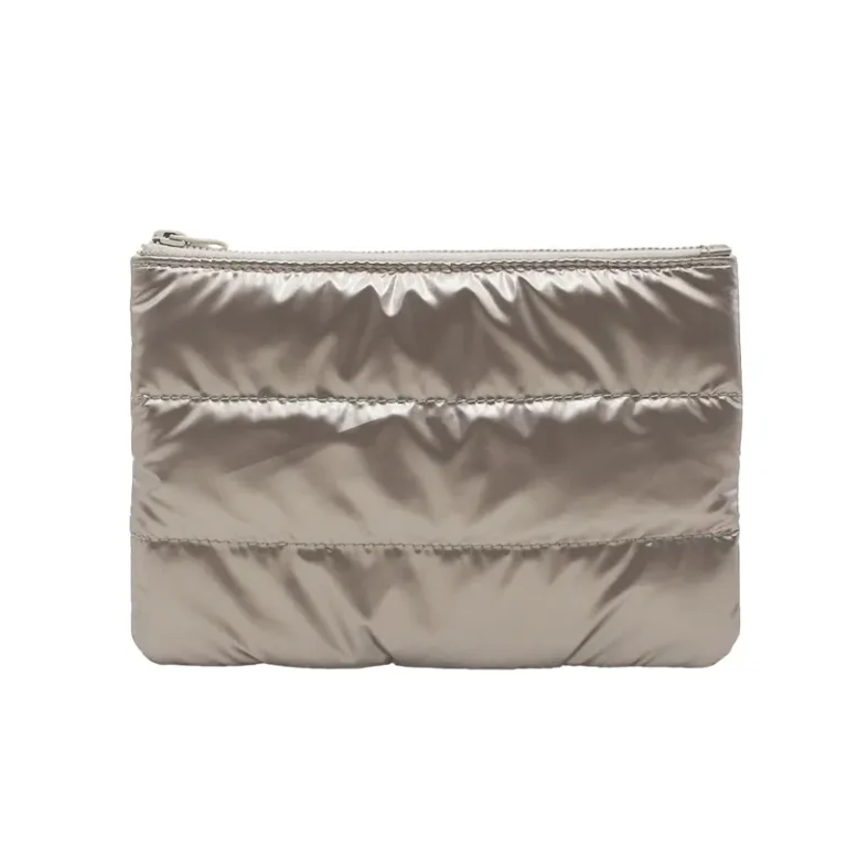 Champagne Cloud Quilted Pouch / Metallic Padded Cosmetic Organizer Bag