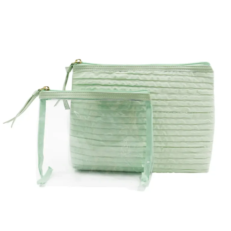 Mint Quilted Cosmetic Pouch Set / Clear PVC Makeup Organizer Duo