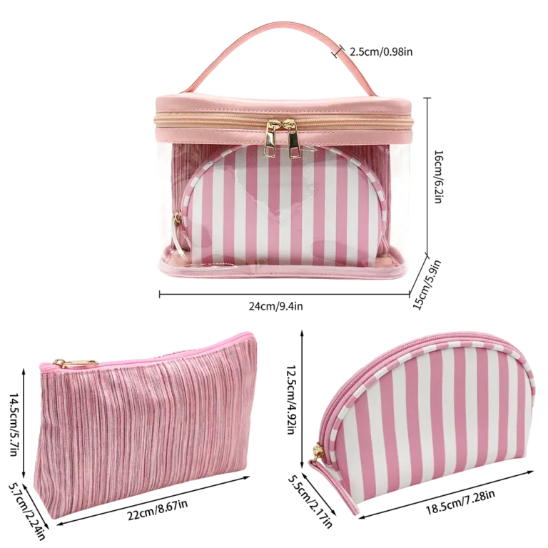 Clear PVC Vanity Case Set 3-Piece Striped Cosmetic Organizer Kit