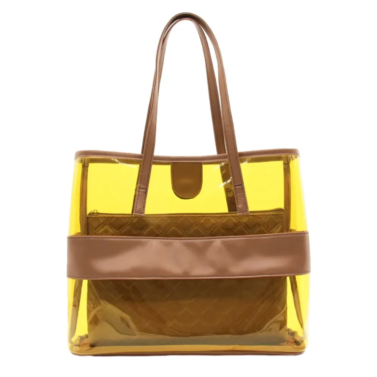 Yellow Clear PVC Tote Bag Set / Quilted PU Cosmetic Pouch Travel Organizer