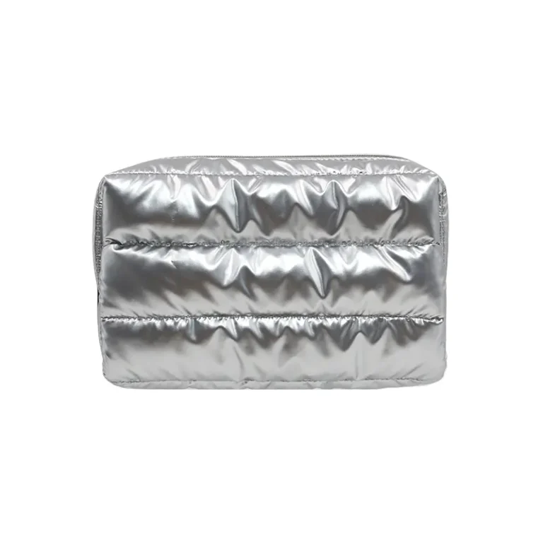 Custom Silver Puffer Cosmetic Bag Metallic Travel Makeup Pouch