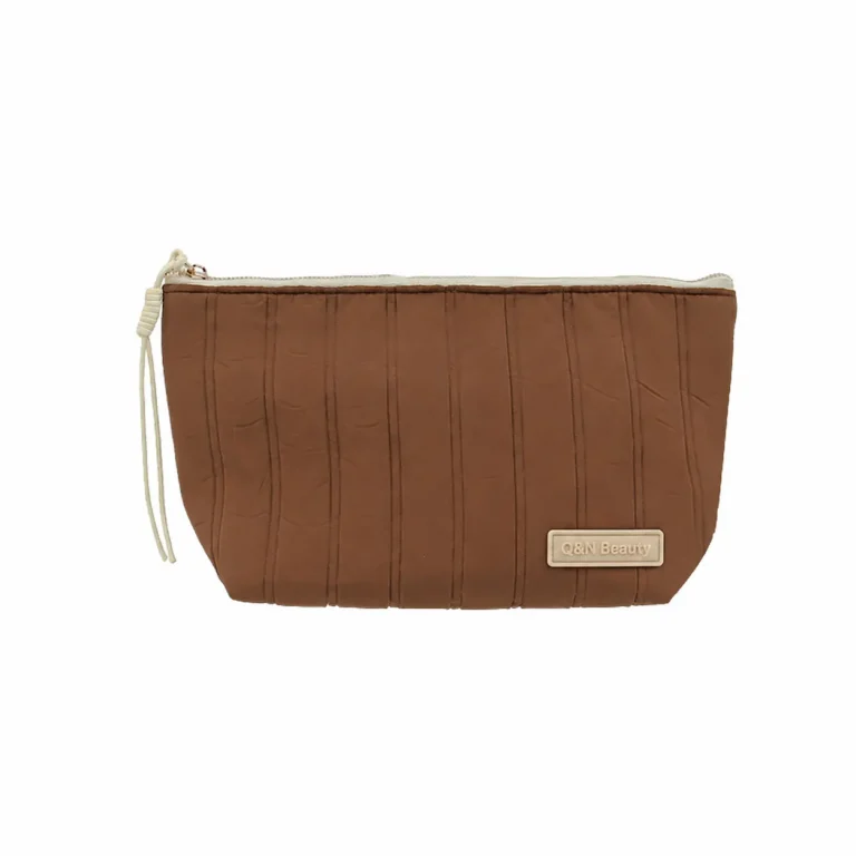 Custom Brown Quilted Cosmetic Bag Large Travel Makeup Pouch